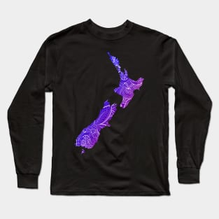 Colorful mandala art map of New Zealand with text in blue and violet Long Sleeve T-Shirt